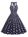 Marineblaues 1950er Polka Dot Halter Kleid