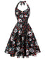 Schwarzes Neckholder-Kleid mit Totenkopf-Blumenmuster aus den 1950er