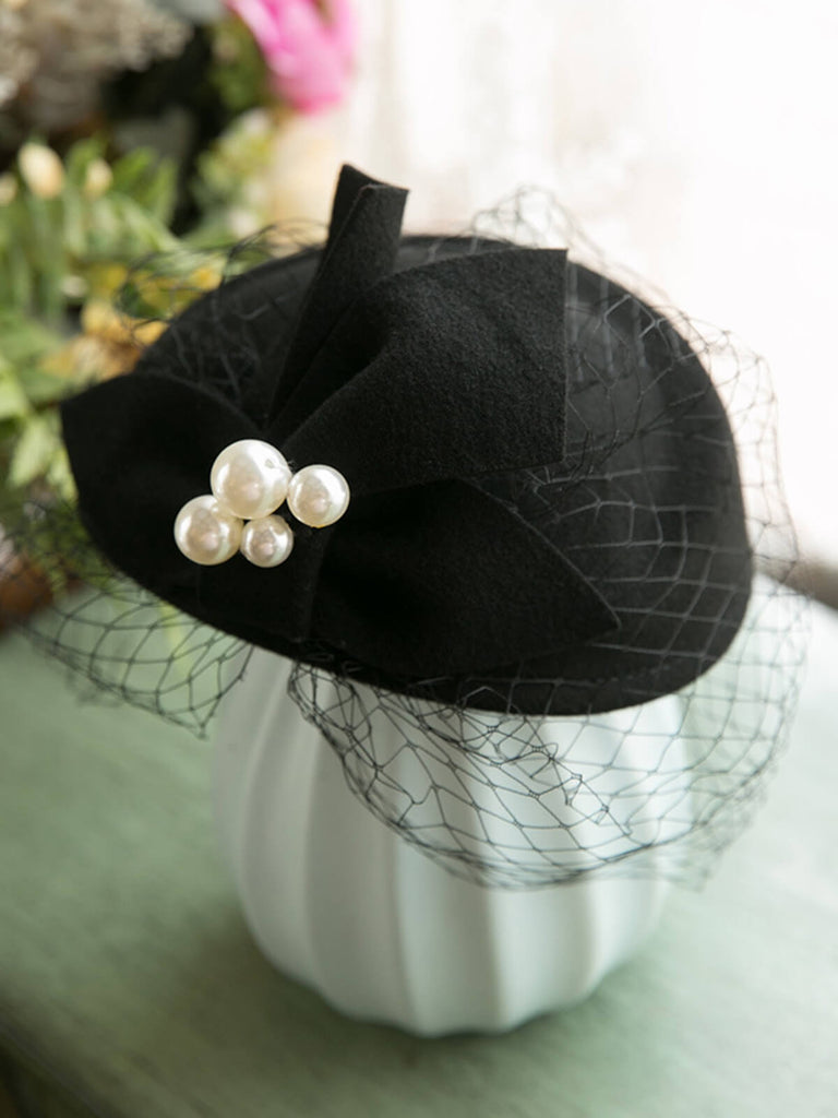 Vintage Pearl Decor Mesh Berets Winter Hat