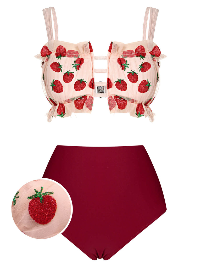 Roter 1940er Erdbeer Netzband Badeanzug