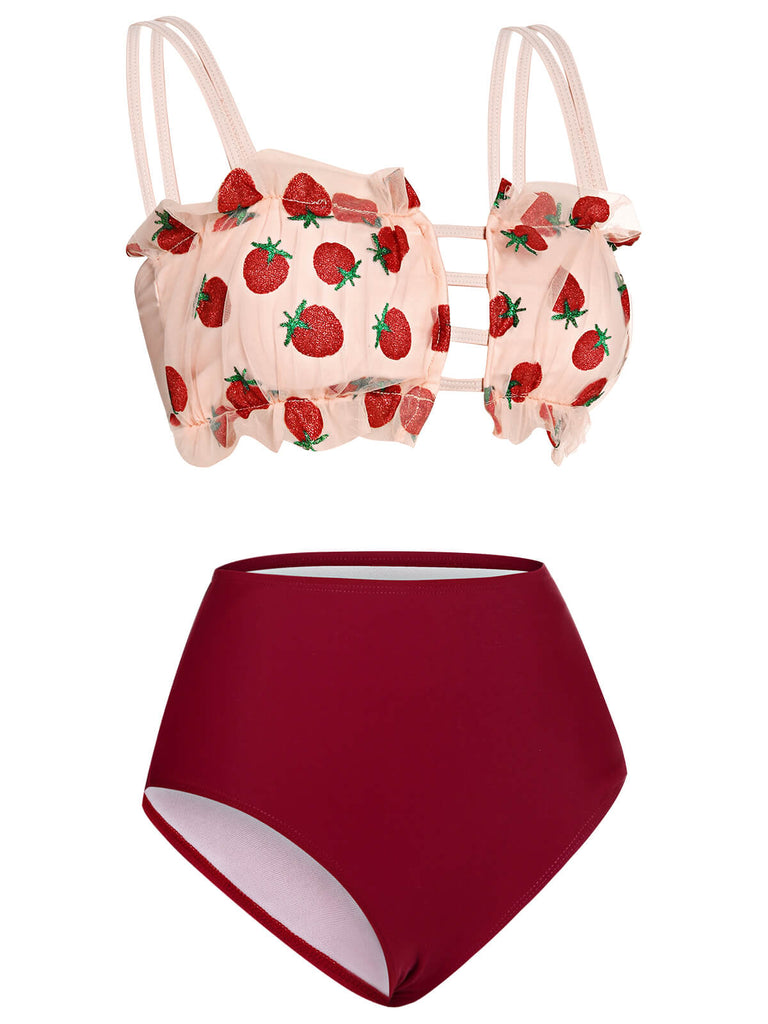 Roter 1940er Erdbeer Netzband Badeanzug