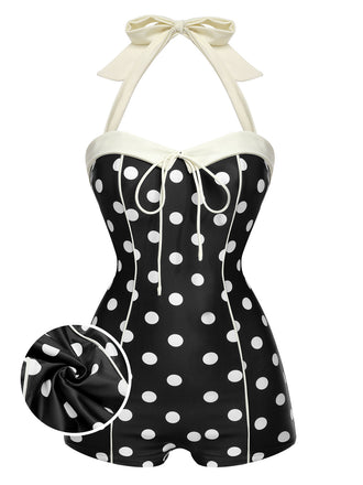Schwarzer 1950er Polka Dots Halter Badeanzug