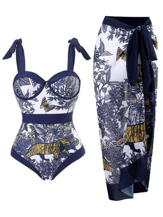 Blauer Einteiliger Badeanzug Mit Blumenmuster Aus Den 1940er