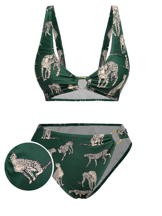 Grün 1940er Leopard Halter Split Badeanzug