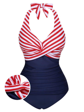 1950er Halter Gestreifter Geblümter Einteiliger Badeanzug