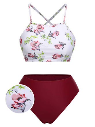 1940er Riemen-Kontrast Blumen Schnürung Badeanzug