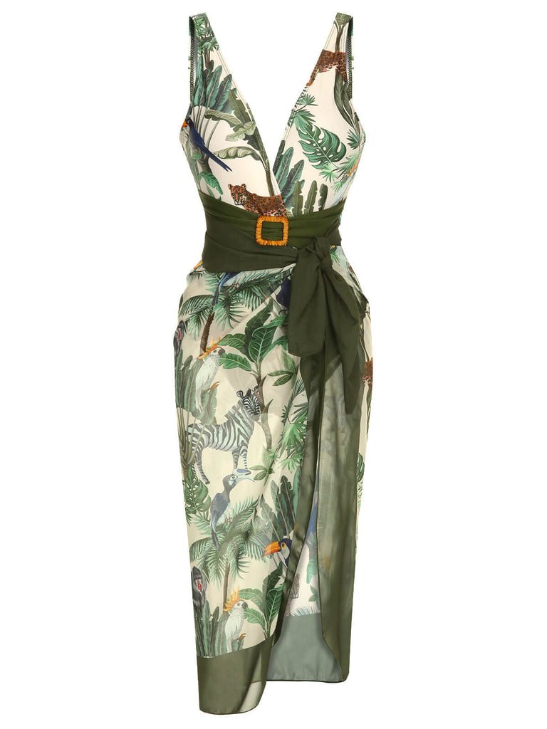 Multicolor 1960er Palm Leaf Badeanzug & Cover-Up