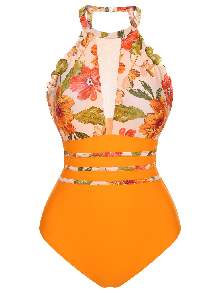 Orange 1960er Halter Blumen Einteiliger Badeanzug