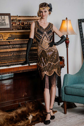 GOLD 1920ER PAILLETTEN FRANSEN FLAPPER KLEID