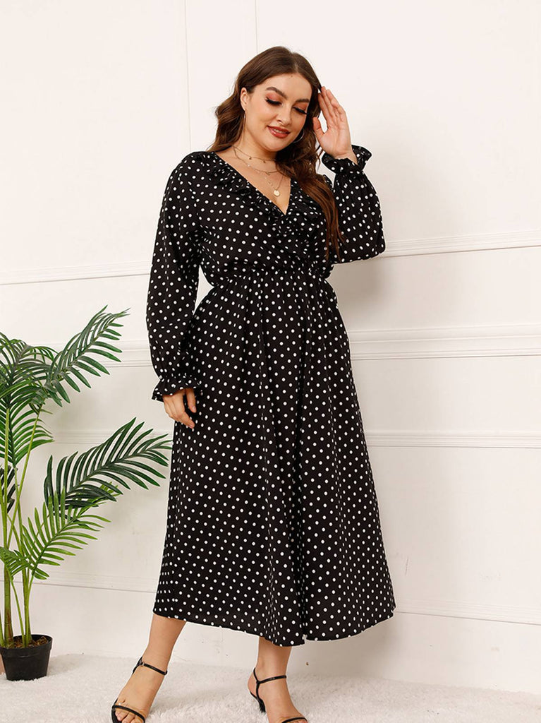 [Plus Size] Schwarzes 1950er V-Ausschnitt Kleid mit Tupfen
