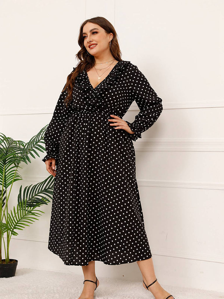 [Plus Size] Schwarzes 1950er V-Ausschnitt Kleid mit Tupfen