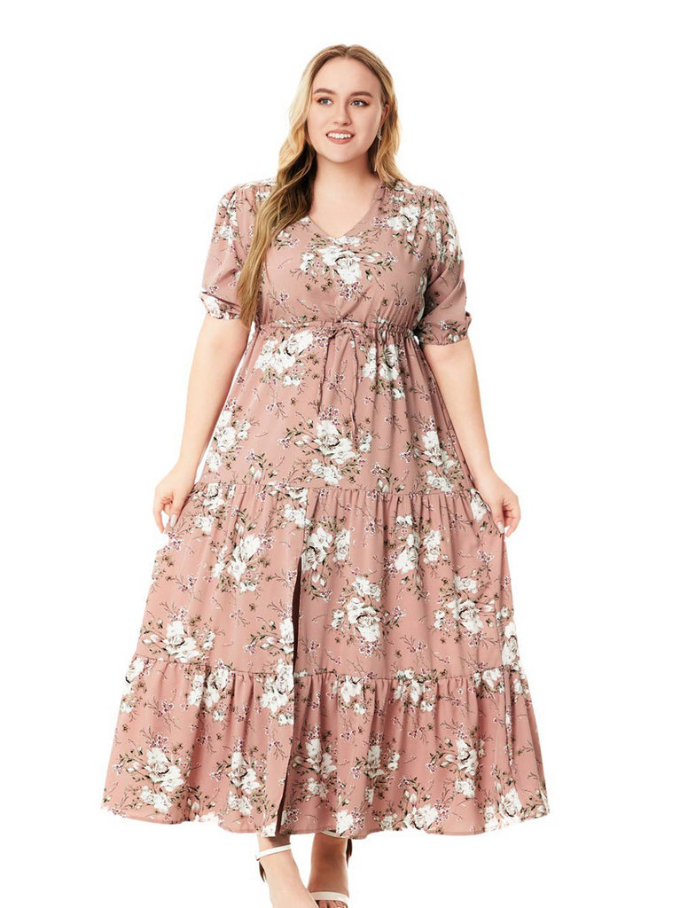 [Plus Size] Rosa 1950s V-Ausschnitt Floral Maxi Kleid