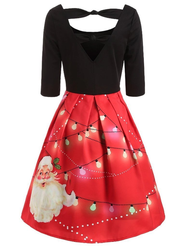 Rot 1950er Patchwork  Weihnachten Bogen Kleid