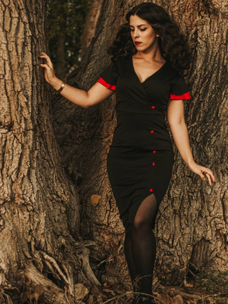 SCHWARZ VINTAGE KURZARM V-AUSSCHNITT PENCIL KLEID